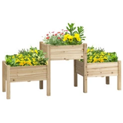 Outsunny Raised Garden Bed With 3 Planter Box, Freestanding Wooden Plant Stand With Drainage Holes, For Vegetables, Herb And Flowers, Natural