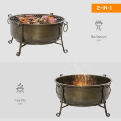 Outsunny Outdoor Fire Pit With Grill Cooking Grate, Cover, Fire Poker For Patio -Outsunny qG988c17f777c49fe