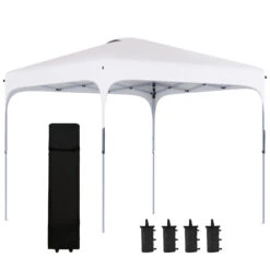 Outsunny 10' X 10' Pop Up Canopy Tent With Wheeled Carry Bag And 4 Sand Bags, Instant Sun Shelter, Tents For Parties, Height Adjustable, For Outdoor, Garden, Patio, White