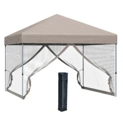 Outsunny 10' X 10' Pop Up Canopy Party Tent With 3-Level Adjustable Height, Easy Move Roller Bag, Khaki