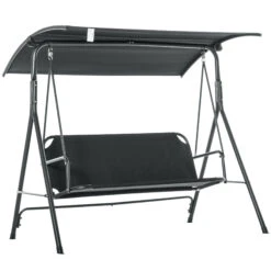 Outsunny Outdoor Patio Swing Chair, Seats 3 Adults, Includes Stand, Adjustable Sun Shade Canopy, Steel Frame, Shaded Bench, Black