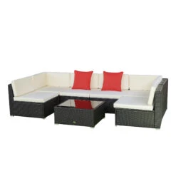 Outsunny 7 Piece Outdoor Patio Furniture Set, PE Rattan Wicker Sectional Sofa Set With Couch Cushions, Throw Pillows And Coffee Table, Orange, Cream