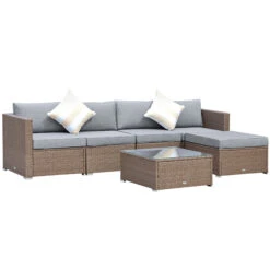 Outsunny 6 Piece Patio Furniture Set Outdoor Wicker Conversation Set All Weather PE Rattan Sectional Sofa Set With Ottoman, Cushions & Tempered Glass Table, Gray