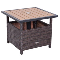 Outsunny 22'' Rattan Wicker Side Table With Steel Frame, Umbrella Insert Hole, Sand Bag For Outdoor, Patio, Garden, Backyard, Brown