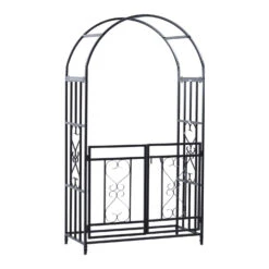 Outsunny Outdoor Metal Garden Arbor Arch With Double Gate, Weather-Fighting Dark Grey Epoxy Coating, & Steel Construction