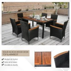 Outsunny 7 PCS Patio Dining Set Rattan Wicker Furniture Set With Acacia Wood Table Top, Armrest Chairs With Water-Proof Cushion, Beige -Outsunny rTk4b617e69692db4