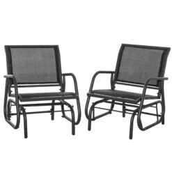 Outsunny 2-Piece Outdoor Gliding/Rocking Chair Set With Breathable Mesh Fabric, Curved Armrests & Steel Frame, Black
