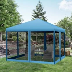 Outsunny 10' X 10' Pop Up Canopy Tent With Netting, Instant Gazebo, Ez Up Screen House Room With Carry Bag, Height Adjustable, For Outdoor, Garden, Patio, Light Blue -Outsunny rpsadc17ed30dc2da