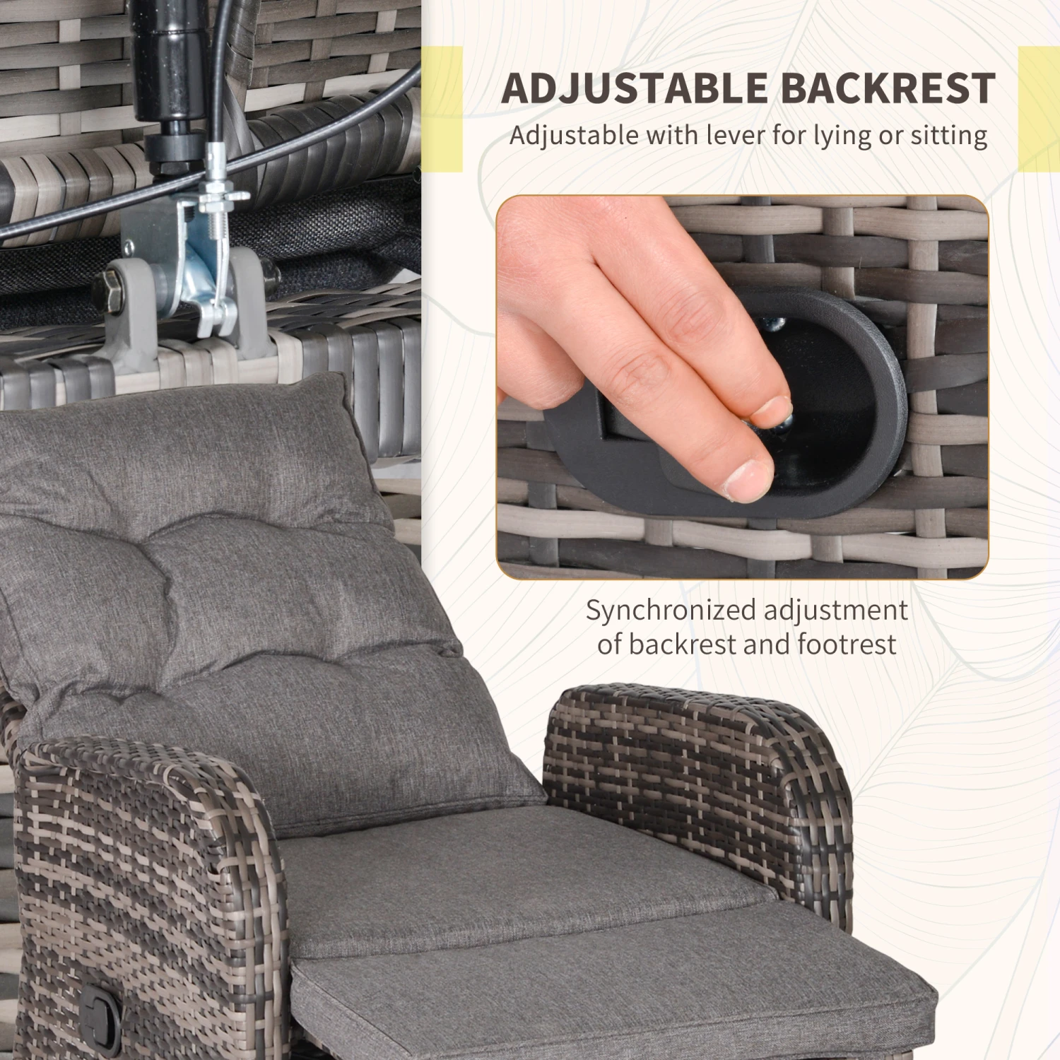 Outsunny 3 PC Rattan Wicker Conversation Patio Set With Side Coffee Table And Adjustable Backrest, Grey 5 Outsunny 3 PC Rattan Wicker Conversation Patio Set With Side Coffee Table And Adjustable Backrest, Grey - Image 5