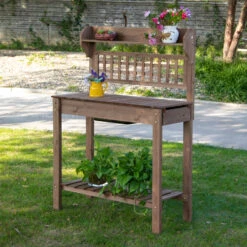 Outsunny Outdoor Potting Bench With Sliding Tabletop, Storage Shelf And Dry Sink, 2-Level Gardening Table, Wooden Workstation For Greenhouse, Garden, Patio, Brown 22 Outsunny Outdoor Potting Bench With Sliding Tabletop, Storage Shelf And Dry Sink, 2-Level Gardening Table, Wooden Workstation For Greenhouse, Garden, Patio, Brown -Outsunny s5ncba1803a3b9349