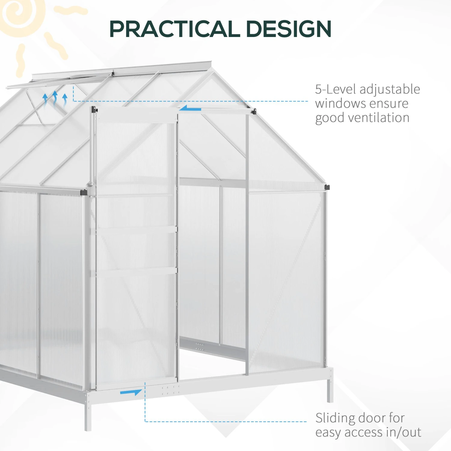 Outsunny 8' X 6' Aluminum Outdoor Greenhouse, Polycarbonate Walk-in Garden Greenhouse Kit With Adjustable Roof Vent, Rain Gutter And Sliding Door For Winter, Silver 6 Outsunny 8' X 6' Aluminum Outdoor Greenhouse, Polycarbonate Walk-in Garden Greenhouse Kit With Adjustable Roof Vent, Rain Gutter And Sliding Door For Winter, Silver - Image 6