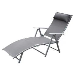 Outsunny Outdoor Folding Chaise Lounge Chair, Portable Lightweight Reclining Sun Lounger With 7-Position Adjustable Backrest & Pillow For Patio, Deck, And Poolside, Grey