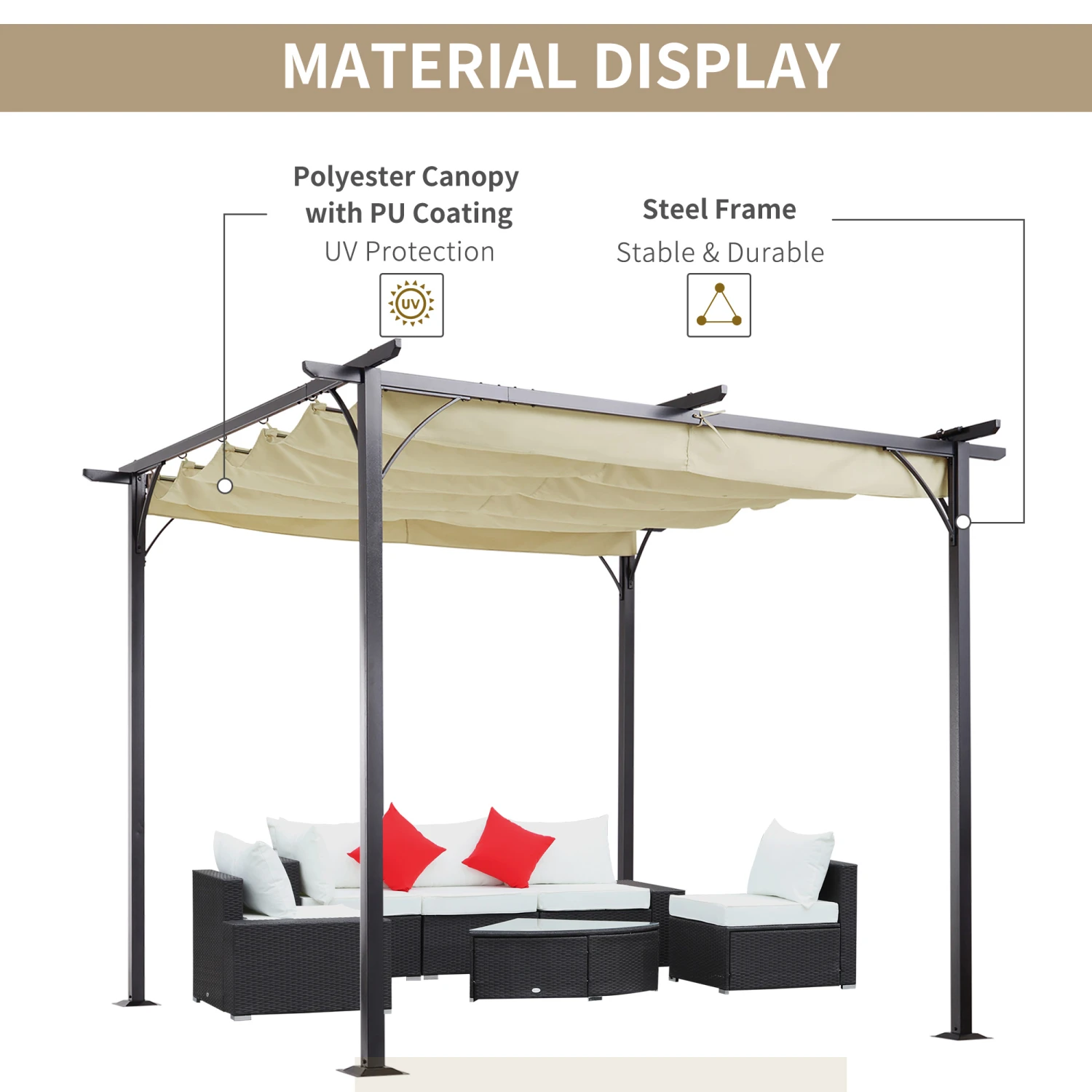 Outsunny 10' X 10' Outdoor Retractable Pergola Canopy, Metal Patio Shade Shelter For Backyard, Porch Party, Garden, Grill Gazebo, Beige 4 Outsunny 10' X 10' Outdoor Retractable Pergola Canopy, Metal Patio Shade Shelter For Backyard, Porch Party, Garden, Grill Gazebo, Beige - Image 4