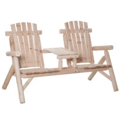 Outsunny Wooden Adirondack Chairs, Outdoor Double Seat Bench With Center Table For Patio, Backyard, Deck, Fire Pit, Natural