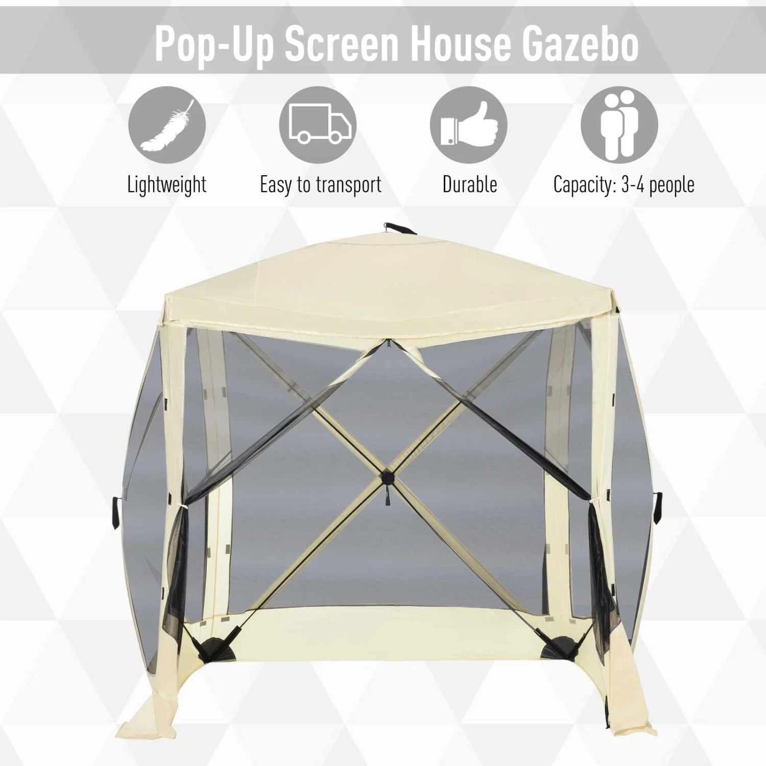 Outsunny Pop Up Camping Canopy Gazebo Screen Shelter Tent With Single Person Easy Set-Up, Ventilating Mesh, Portable Carry Bag For Outdoor Camping Party Event, 7x7FT, Beige 4 Outsunny Pop Up Camping Canopy Gazebo Screen Shelter Tent With Single Person Easy Set-Up, Ventilating Mesh, Portable Carry Bag For Outdoor Camping Party Event, 7x7FT, Beige - Image 4