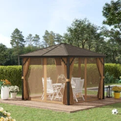 Outsunny 10' X 10' Hardtop Gazebo Canopy With Galvanized Steel Roof, Aluminum Frame, Permanent Pavilion Outdoor Gazebo With Hook, Netting And Curtains For Patio, Garden, Backyard, Light Brown