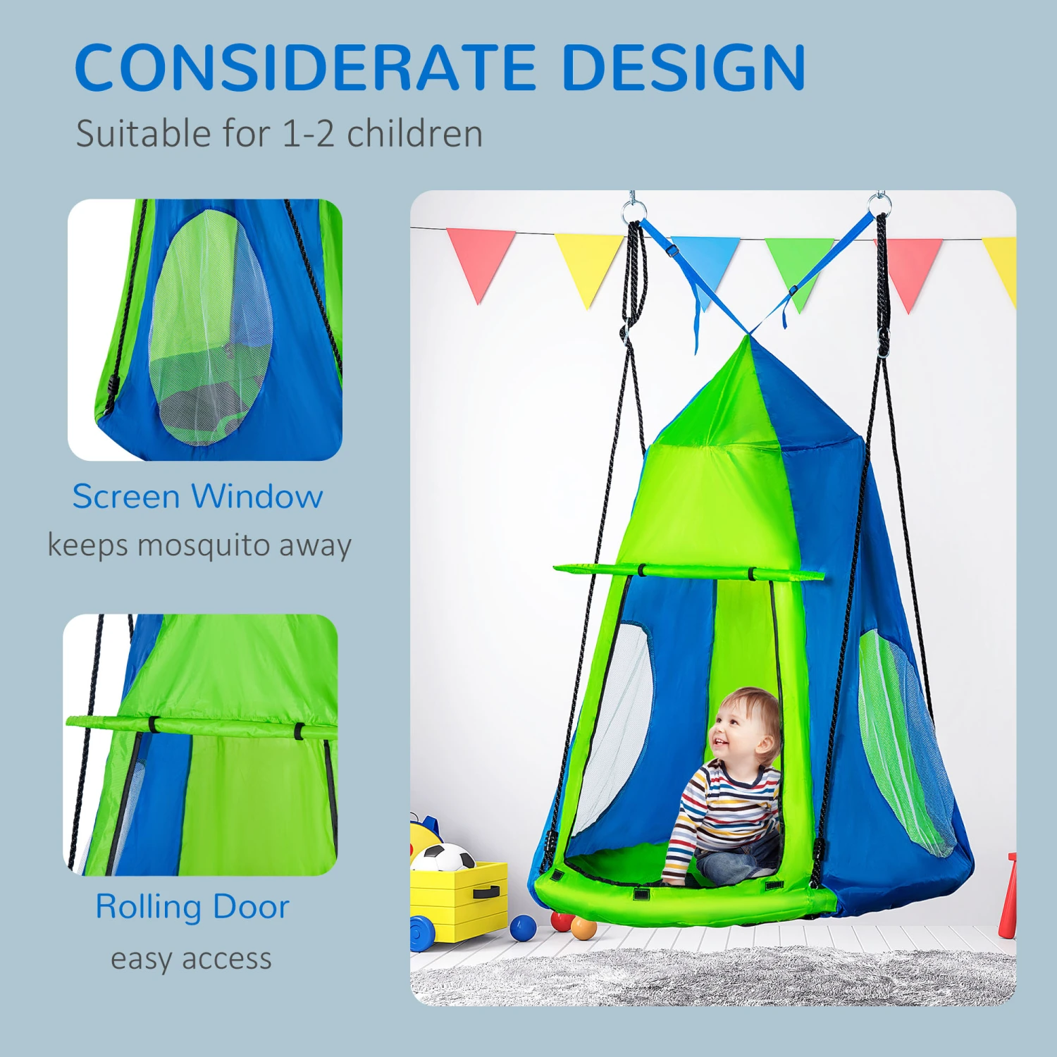 Outsunny Kids Pod Swing, Waterproof Flat/Tent Chair Seat, Ventilating Hanging Swing, With Screen Window, Rolling Door, For Indoor & Outdoor Use, Green 7 Outsunny Kids Pod Swing, Waterproof Flat/Tent Chair Seat, Ventilating Hanging Swing, With Screen Window, Rolling Door, For Indoor & Outdoor Use, Green - Image 7