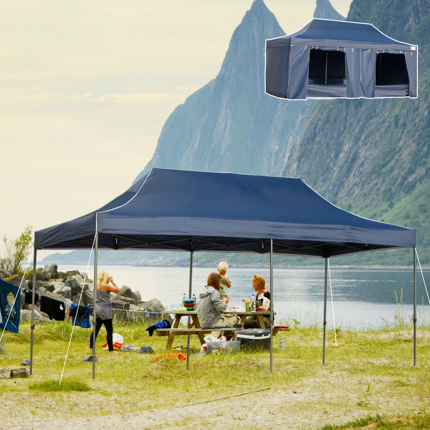 Outsunny 10' X 20' Pop Up Canopy Tent With Sidewalls & Doors, Instant Tents For Parties With Wheeled Carry Bag, Height Adjustable, For Outdoor, Garden, Patio, Blue 2 Outsunny 10' X 20' Pop Up Canopy Tent With Sidewalls & Doors, Instant Tents For Parties With Wheeled Carry Bag, Height Adjustable, For Outdoor, Garden, Patio, Blue - Image 2