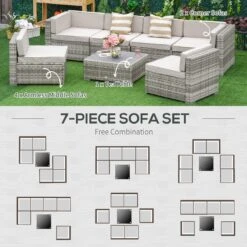 Outsunny 7 Piece Outdoor Patio Furniture Set, PE Rattan Wicker Sectional Sofa Patio Conversation Sets With Couch Cushions, Throw Pillows And Slat Coffee Table, Stripe, Beige -Outsunny smi2a217ef634e821