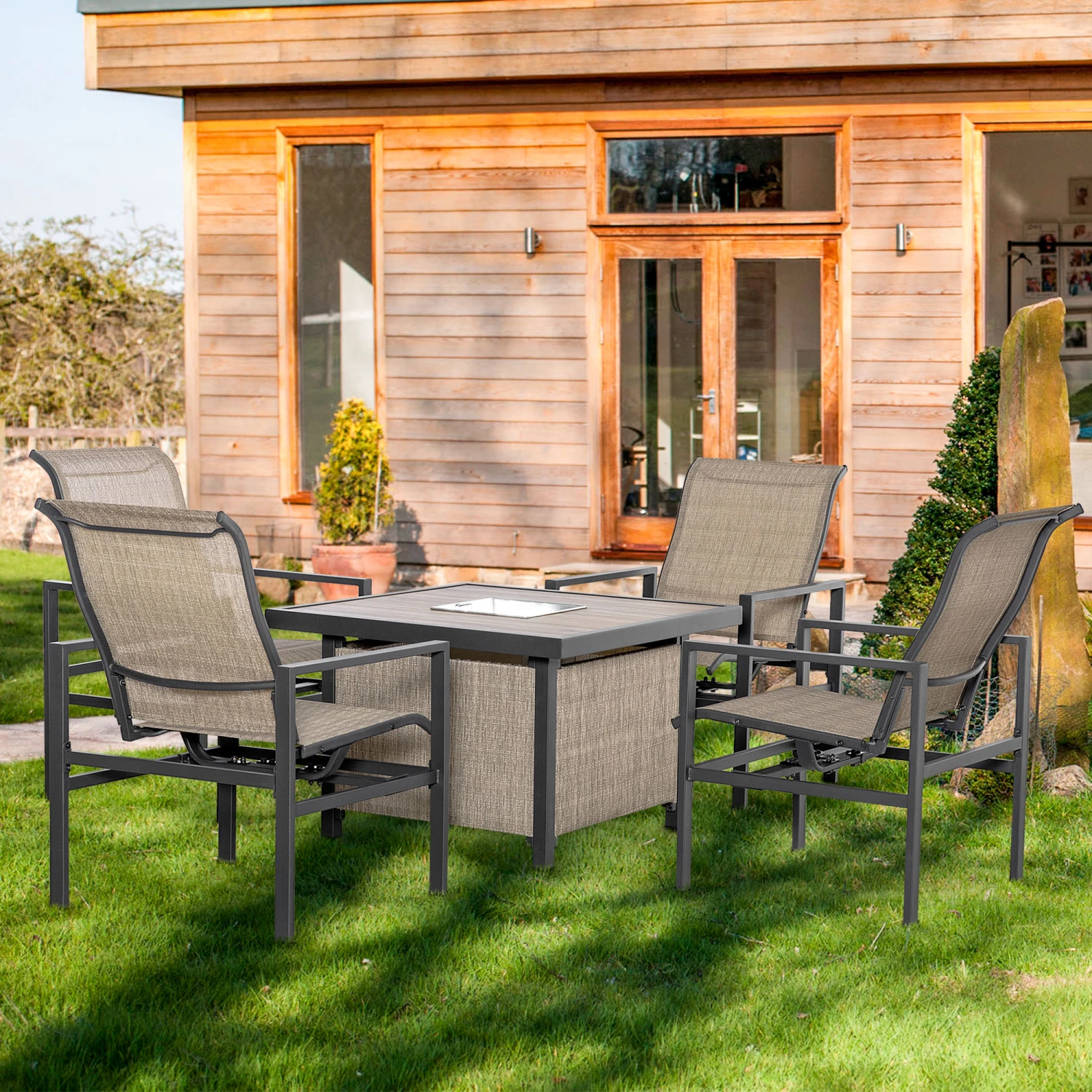 Outsunny 5 Piece Garden Patio Dining Set, Steel, Outdoor Conversation Set, Square Dinner Table With Built-in Ice Bucket Insert, 4 Rocking Chairs For Garden, Lawn, Backyard, Beige 2 Outsunny 5 Piece Garden Patio Dining Set, Steel, Outdoor Conversation Set, Square Dinner Table With Built-in Ice Bucket Insert, 4 Rocking Chairs For Garden, Lawn, Backyard, Beige - Image 2