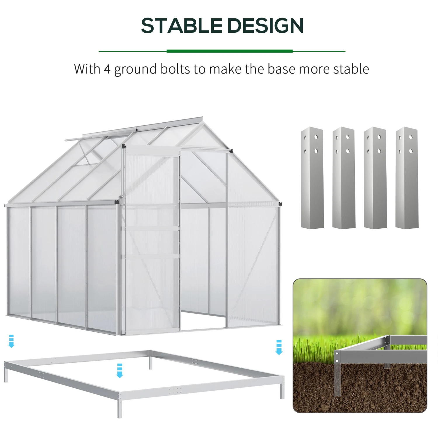 Outsunny 8' X 6' Aluminum Outdoor Greenhouse, Polycarbonate Walk-in Garden Greenhouse Kit With Adjustable Roof Vent, Rain Gutter And Sliding Door For Winter, Silver 5 Outsunny 8' X 6' Aluminum Outdoor Greenhouse, Polycarbonate Walk-in Garden Greenhouse Kit With Adjustable Roof Vent, Rain Gutter And Sliding Door For Winter, Silver - Image 5