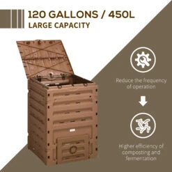 Outsunny Garden Compost Bin, 120 Gallon (450L) Garden Composter, BPA Free, With 80 Vents And 2 Sliding Doors, Lightweight & Sturdy, Fast Creation Of Fertile Soil, Brown -Outsunny szQa09188c3b87045