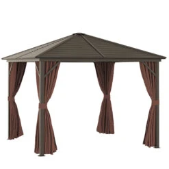 Outsunny 10' X 10' Hardtop Gazebo Canopy With Galvanized Steel Roof, Aluminum Frame, Permanent Pavilion Outdoor Gazebo With Hook, Netting And Curtains For Patio, Garden, Backyard, Dark Brown