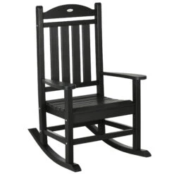 Outsunny Outdoor Rocking Chair, All Weather-Resistant HDPE Rocking Patio Chairs With Rustic High Back, Armrests, Oversized Seat And Slatted Backrest, 350lbs Weight Capacity, Black