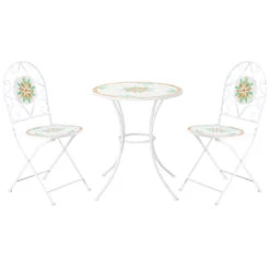 Outsunny 3 Piece Patio Bistro Set, Floral Mosaic Pattern, Metal Folding Chairs, Foldable Outdoor Dining Table For Coffee, Decor, Garden, Poolside, Porch, White