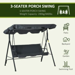 Outsunny 3-Person Porch Swing With Stand, Outdoor Swing For Patio Porch With Adjustable Tilt Canopy & Comfortable Swing Bench-Style Seat, Steel Frame, Grey -Outsunny tCU756181720c7321