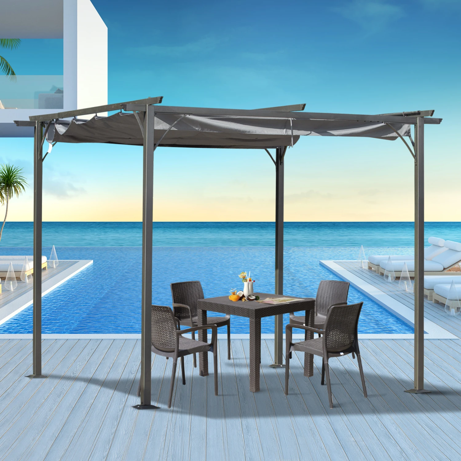 Outsunny 10' X 10' Outdoor Retractable Pergola Canopy, Metal Patio Shade Shelter For Backyard, Porch Party, Garden, Grill Gazebo, Gray 2 Outsunny 10' X 10' Outdoor Retractable Pergola Canopy, Metal Patio Shade Shelter For Backyard, Porch Party, Garden, Grill Gazebo, Gray - Image 2