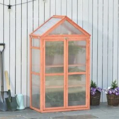 Outsunny 32" X 19" X 54" Garden Wood Cold Frame Greenhouse Flower Planter With Adjustable Shelves, Double Doors, Orange -Outsunny tFEf9e17e684424fb