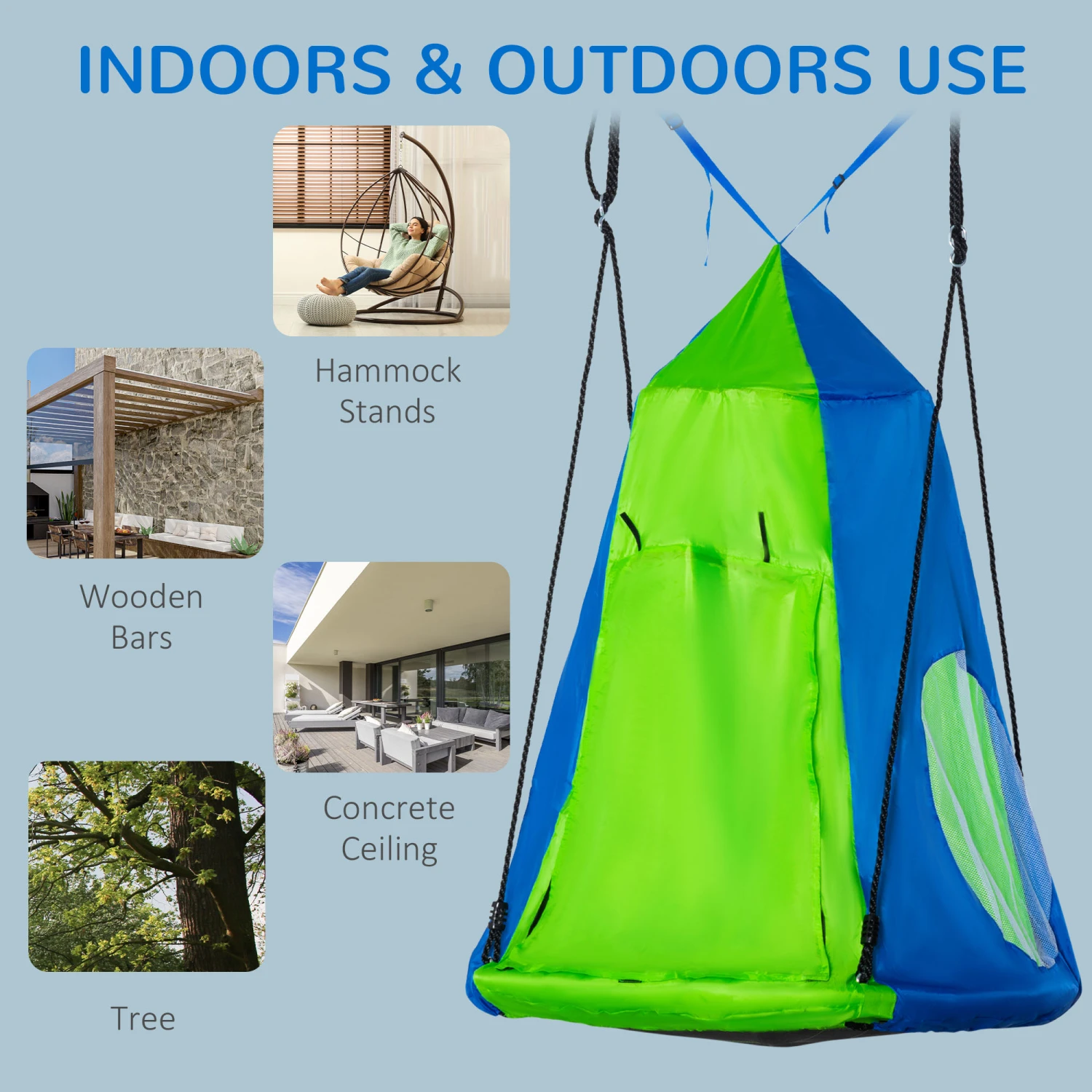 Outsunny Kids Pod Swing, Waterproof Flat/Tent Chair Seat, Ventilating Hanging Swing, With Screen Window, Rolling Door, For Indoor & Outdoor Use, Green 5 Outsunny Kids Pod Swing, Waterproof Flat/Tent Chair Seat, Ventilating Hanging Swing, With Screen Window, Rolling Door, For Indoor & Outdoor Use, Green - Image 5