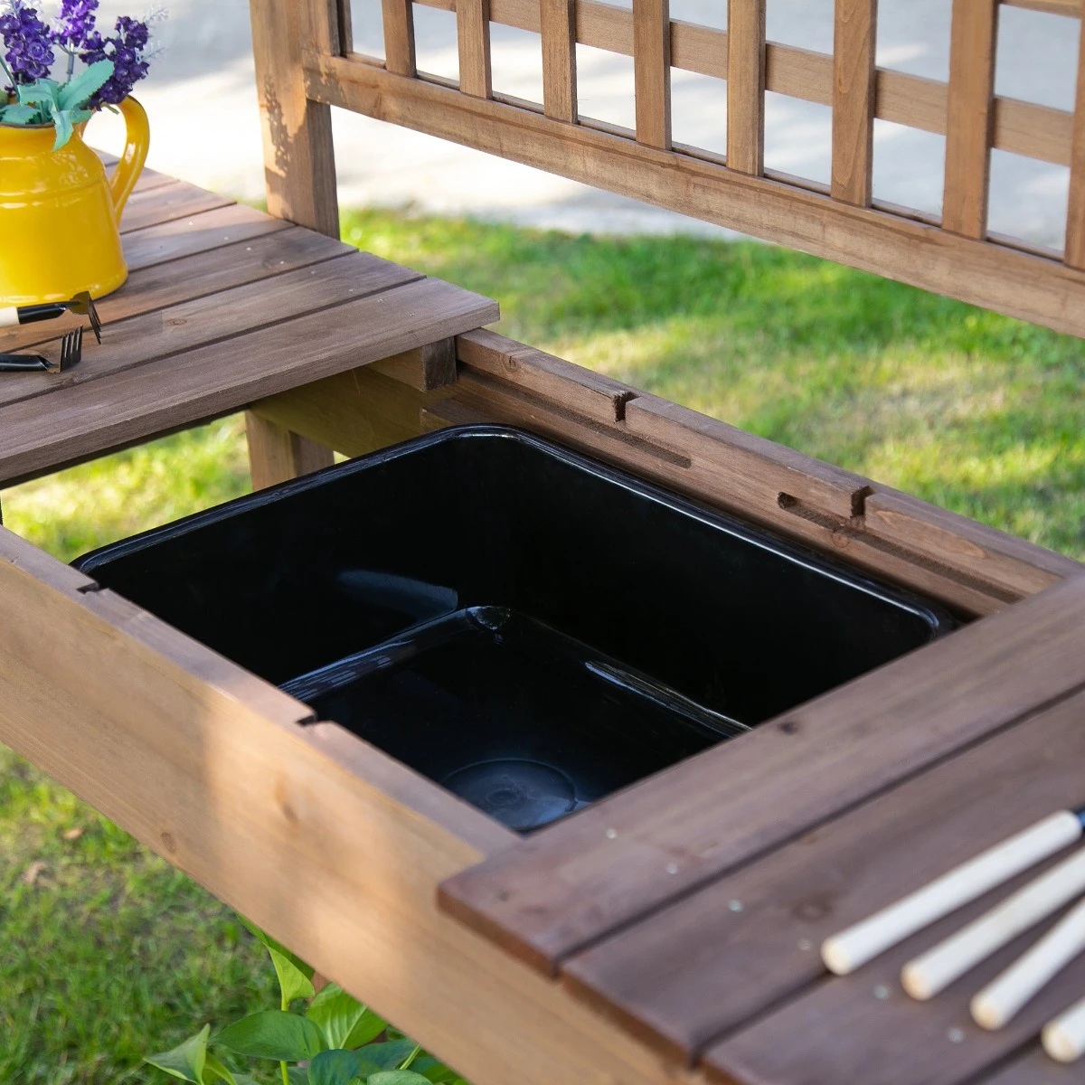 Outsunny Outdoor Potting Bench With Sliding Tabletop, Storage Shelf And Dry Sink, 2-Level Gardening Table, Wooden Workstation For Greenhouse, Garden, Patio, Brown 11 Outsunny Outdoor Potting Bench With Sliding Tabletop, Storage Shelf And Dry Sink, 2-Level Gardening Table, Wooden Workstation For Greenhouse, Garden, Patio, Brown - Image 11