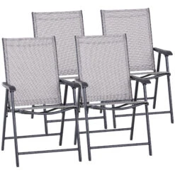 Outsunny Set Of 4 Patio Folding Chairs, Stackable Outdoor Sling Patio Dining Chairs With Armrests For Lawn, Camping, Dining, Beach, Metal Frame, No Assembly, Gray