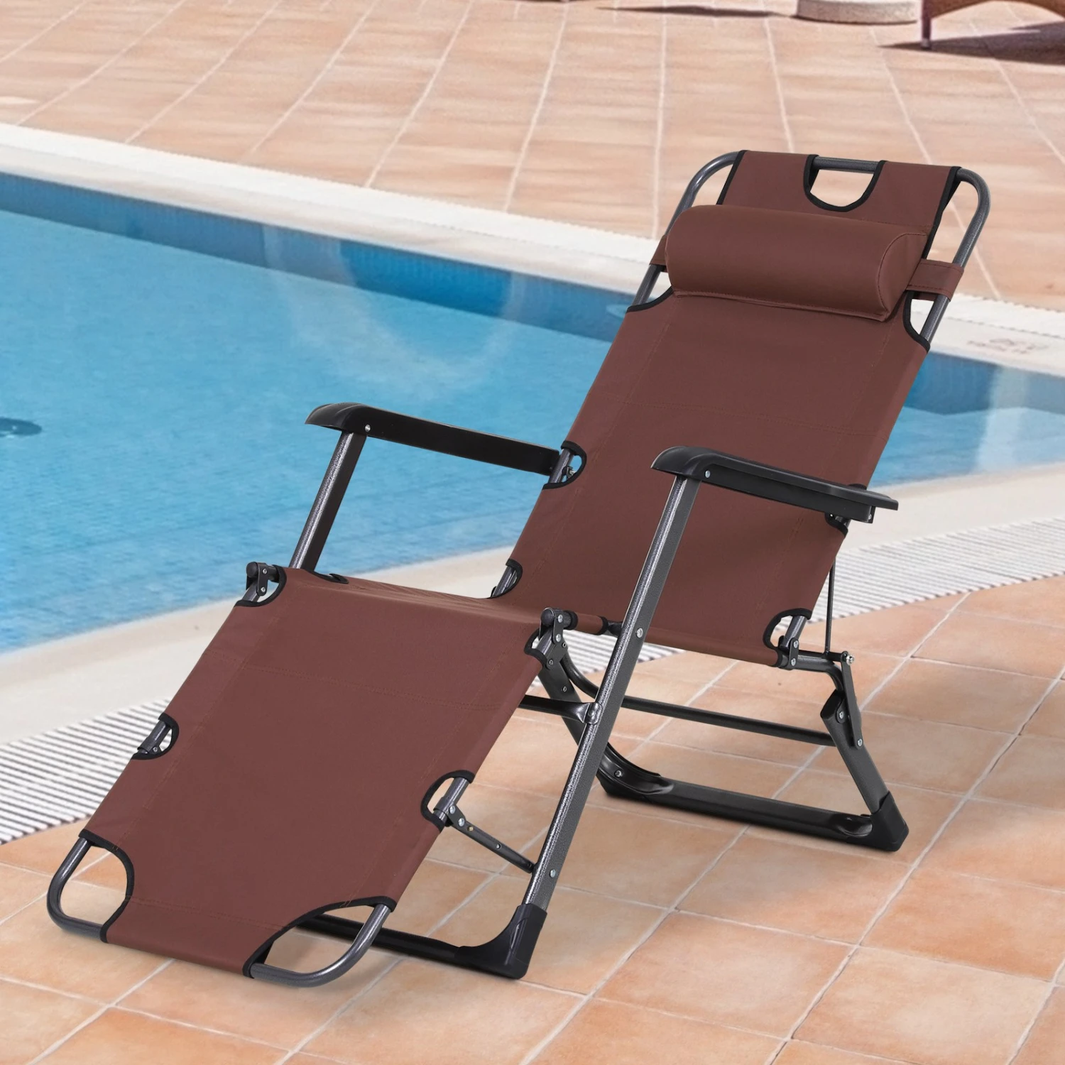 Outsunny Oxford Fabric Metal Frame Outdoor Pool Sun Lounger Lounge Chair 120°/180° - Brown 2 Outsunny Oxford Fabric Metal Frame Outdoor Pool Sun Lounger Lounge Chair 120°/180° - Brown - Image 2