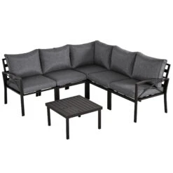 Outsunny 6PC Patio Furniture Set L-Shape Corner Sectional Sofa Set W/ Coffee Table Grey