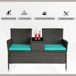 Outsunny Outdoor Patio Loveseat Conversation Furniture Set, Cushions & Built-in Coffee Table, Small 2-in-1 2 Person Seating For Front Porch, Balcony, Blue -Outsunny trZa091801abc43eb