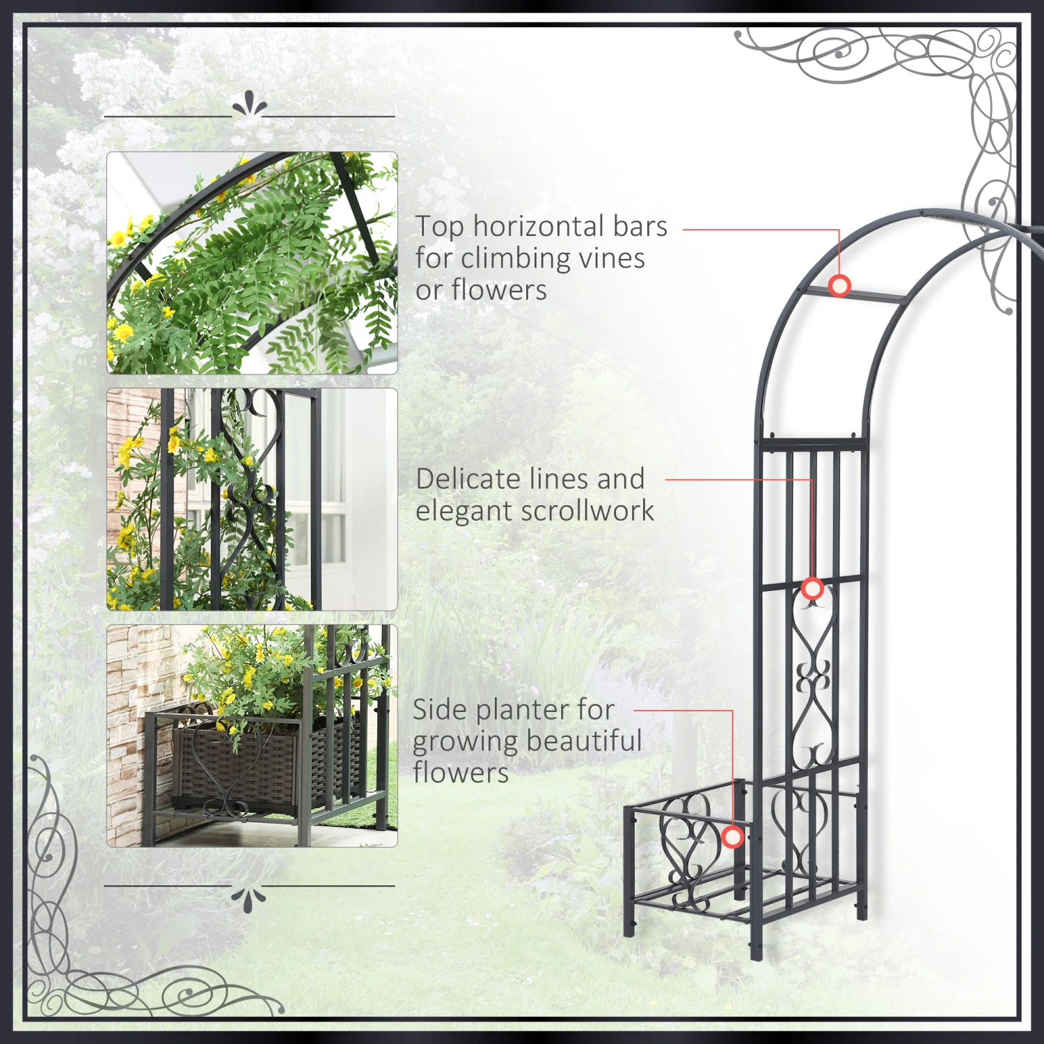 Outsunny 6.7' Steel Garden Arch Arbor With Scrollwork Hearts, Planter Boxes For Climbing Vines, Ceremony, Weddings, Party, Backyard, Lawn, Gray 7 Outsunny 6.7' Steel Garden Arch Arbor With Scrollwork Hearts, Planter Boxes For Climbing Vines, Ceremony, Weddings, Party, Backyard, Lawn, Gray - Image 7