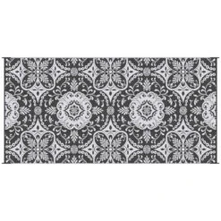 Outsunny Reversible Outdoor Rug Carpet, 9' X 18' Waterproof Plastic Straw Rug, Portable RV Camping Rugs With Carry Bag, Large Floor Mat For Backyard, Deck, Picnic, Beach, Gray & White Floral