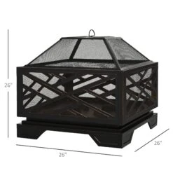 Outsunny 26" Outdoor Steel Square Fire Pit With Grill Net For BBQ, Safety Spark/Ember Cover & Classic Stylish Appearance -Outsunny uIH2b117e71907ea2