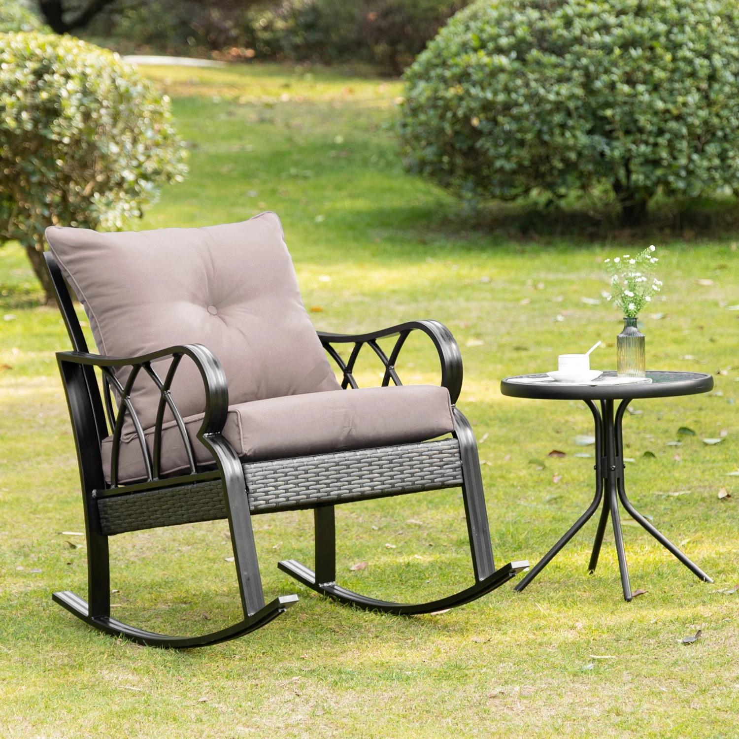 Outsunny Outdoor Wicker Rocking Chair With Padded Cushions, Aluminum Furniture Rattan Porch Rocker Chair W/ Armrest For Garden, Patio, And Backyard, Grey 7 Outsunny Outdoor Wicker Rocking Chair With Padded Cushions, Aluminum Furniture Rattan Porch Rocker Chair W/ Armrest For Garden, Patio, And Backyard, Grey - Image 7