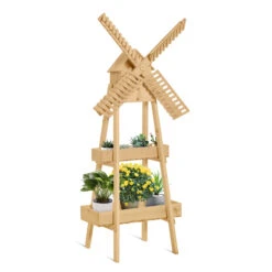Outsunny Plant Shelf 2 Tier Wooden With Windmill & Bird House Plant Pots Holder Stand Indoor/Outdoor 32'' X 17'' X 61''