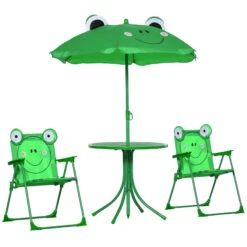 Outsunny Folding Kids Table And Chair Set, Picnic Table With Frog Pattern Removable & Height Adjustable Sun Umbrella For Garden, Backyard, Green -Outsunny uOFf5e181f5242364