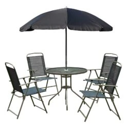 Outsunny 6 Piece Patio Dining Set For 4 With Umbrella, Outdoor Table And Chairs With 4 Folding Dining Chairs & Round Glass Table For Garden, Backyard And Poolside, Black