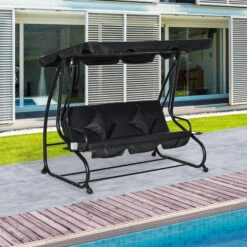 Outsunny 3-Seat Outdoor Patio Swing Chair, Converting Flatbed, Outdoor Swing Glider With Adjustable Canopy, Removable Cushion And Pillows, For Porch, Garden, Poolside, Backyard, Black -Outsunny uWB6ff180b6eaf916