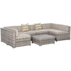 Outsunny 7 Piece Outdoor Patio Furniture Set, PE Rattan Wicker Sectional Sofa Patio Conversation Sets With Couch Cushions, Throw Pillows And Slat Coffee Table, Stripe, Beige