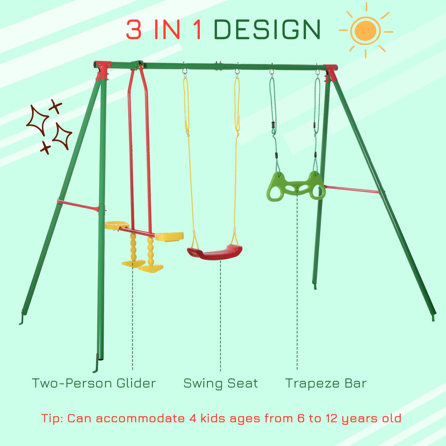 Outsunny 3 In 1 Kids Swing Set W/ Monkey Bar Rings Glider And Adjustable Hanging Rope, Multiple Kids Playground Equipment For Backyard 3 - 8 Years Old 7 Outsunny 3 In 1 Kids Swing Set W/ Monkey Bar Rings Glider And Adjustable Hanging Rope, Multiple Kids Playground Equipment For Backyard 3 - 8 Years Old - Image 7