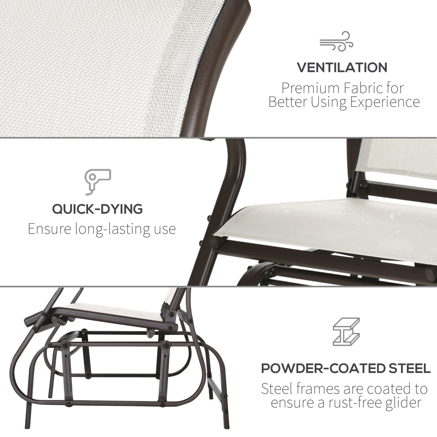 Outsunny 2-Person Outdoor Glider Bench,Patio Glider Loveseat Chair With Powder Coated Steel Frame,2 Seats Porch Rocking Glider For Backyard, Lawn, Garden And Porch, Cream White 5 Outsunny 2-Person Outdoor Glider Bench,Patio Glider Loveseat Chair With Powder Coated Steel Frame,2 Seats Porch Rocking Glider For Backyard, Lawn, Garden And Porch, Cream White - Image 5