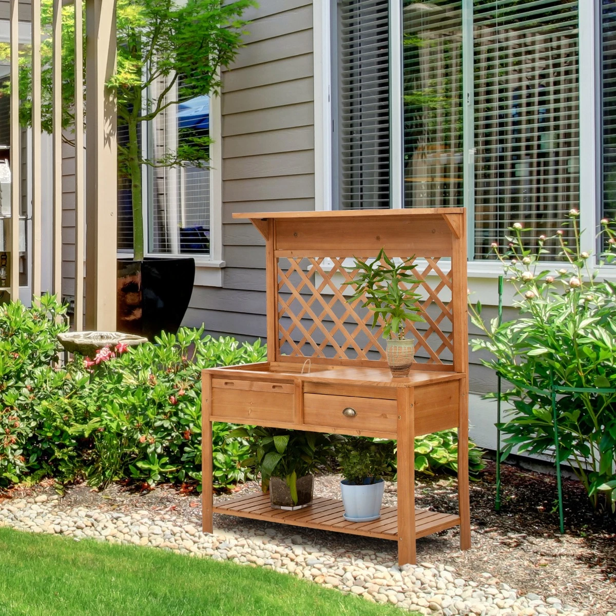 Outsunny Garden Potting Bench, Outdoor Wooden Workstation Table W/ Metal Screen, Drawer, Hooks, Storage Shelf, And Lattice Back For Patio, Backyard And Porch 7 Outsunny Garden Potting Bench, Outdoor Wooden Workstation Table W/ Metal Screen, Drawer, Hooks, Storage Shelf, And Lattice Back For Patio, Backyard And Porch - Image 7